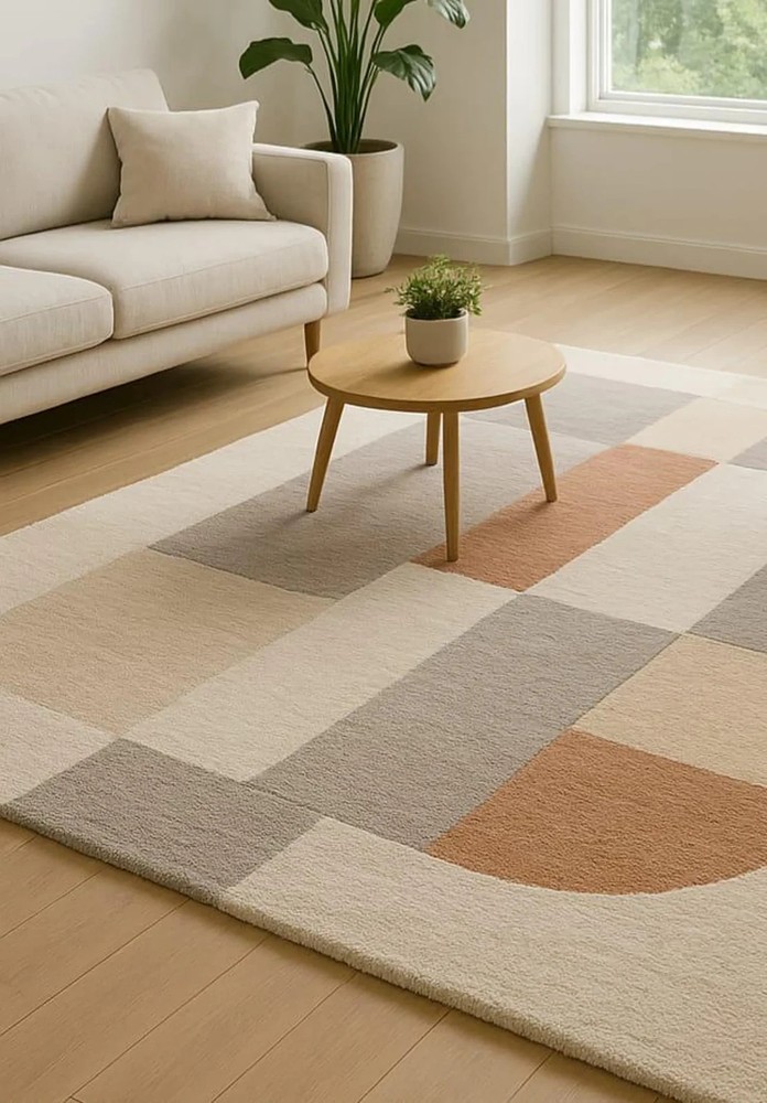 Hand Tufted Wool Rug: Beige Cream Geometric Abstract living room kitchen hall