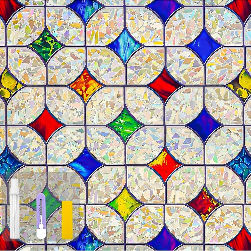Colorful Rainbow Stained Glass Window Film Non-Adhesive Window Privacy Film Reus