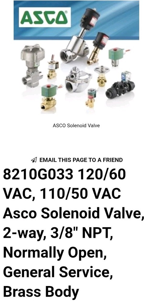 Asco-Redhat 8210G033: 2-Way Solenoid Valve: 120/60-110/50Vac-3/8