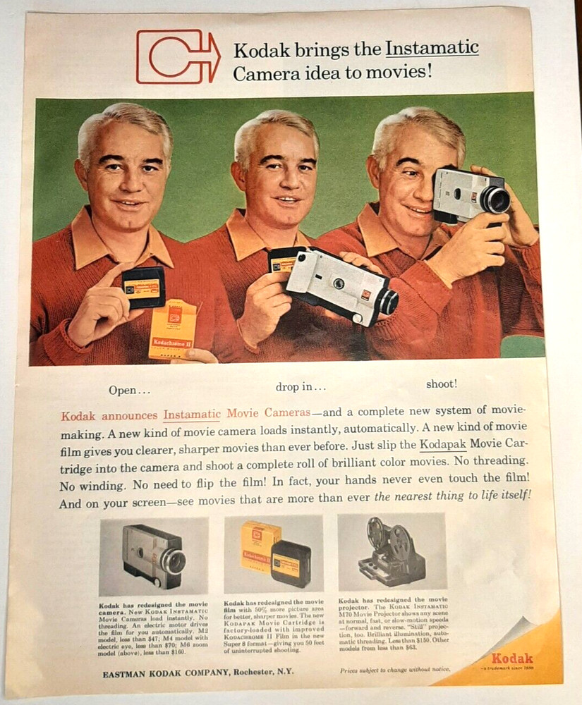 1965 Kodak Vintage Print Ad Instamatic Home Movie Camera Projector Real Color