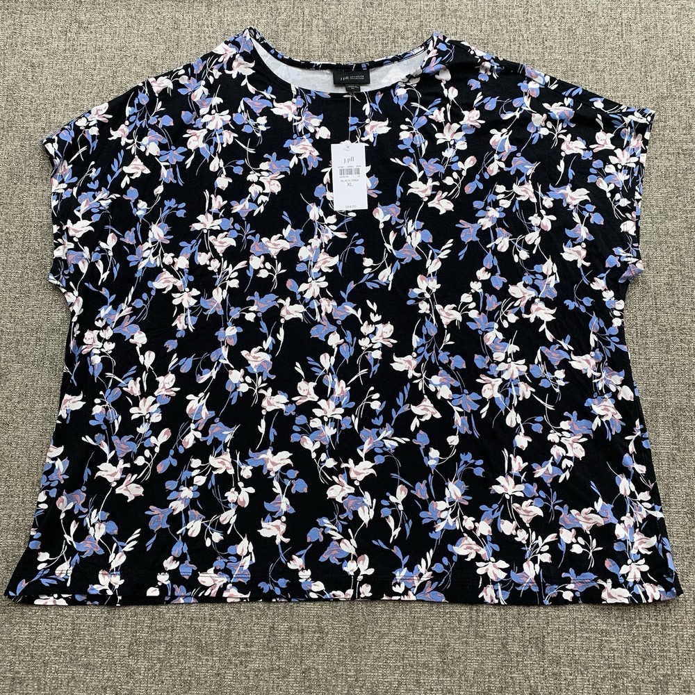 J Jill Women’s XL Knit Top Black Drea Floral Dolman Short Sleeve Stretch NWT