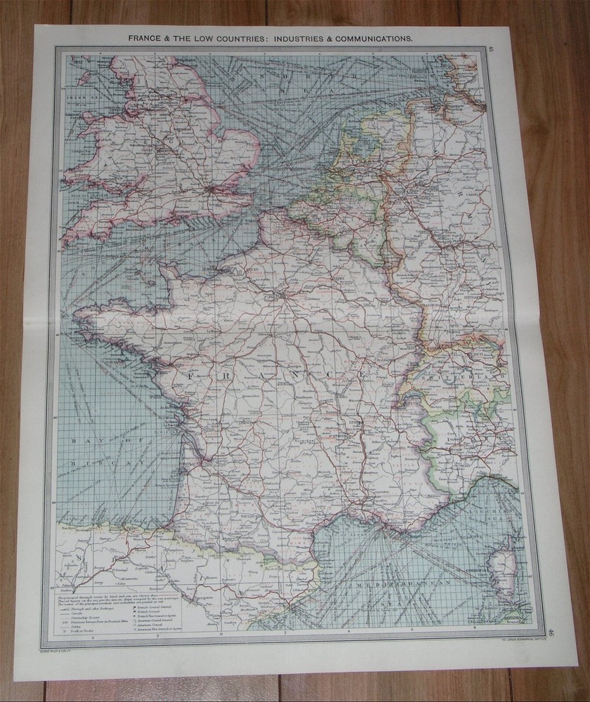 1908 Antique Map Of France Netherlands Holland Belgium Industry Transportation