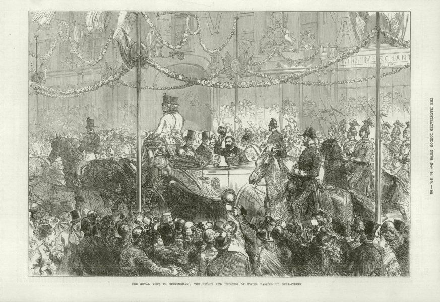 Prince & Princess of Wales passing up Bull Street, Birmingham 1874 ILN print