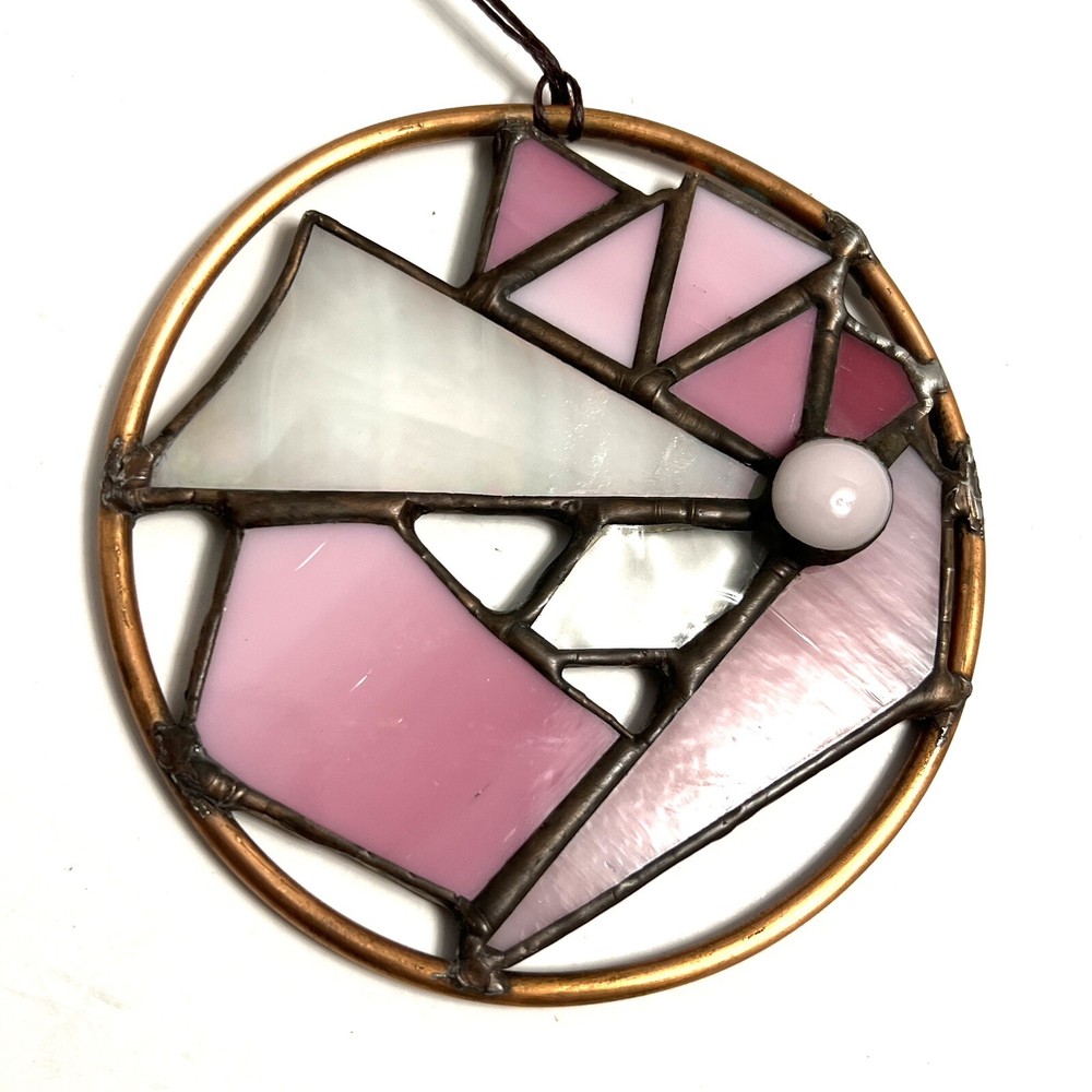 Vintage Stained Glass Ornament #2412 Copper Frame Pink Abstract 3.5” Sun Catcher