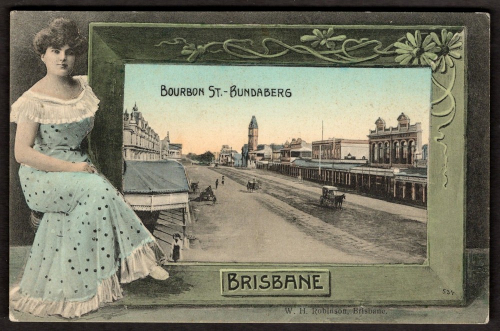 AUSTRALIA Brisbane Postcard 1910s Bundaberg Bourbon Street Art Deco Woman Border
