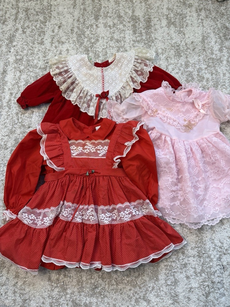 Vintage Baby Girl Dresses Size 2T Frilly Lacey Red Pink  Velvet C Grade