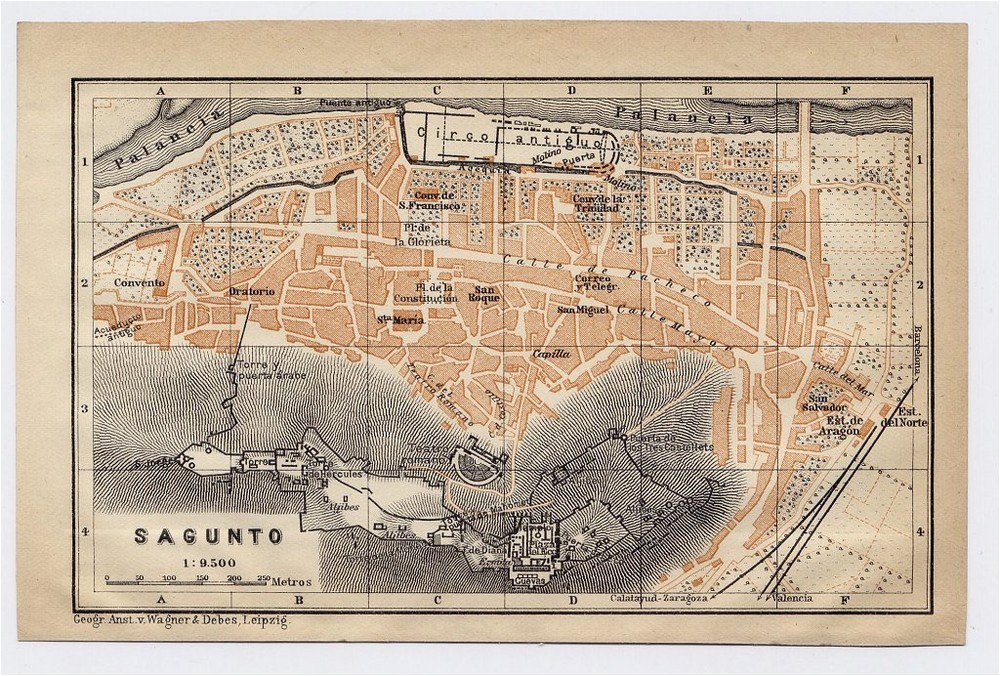 1913 Original Antique City Map Of Sagunto / Valencia / Spain