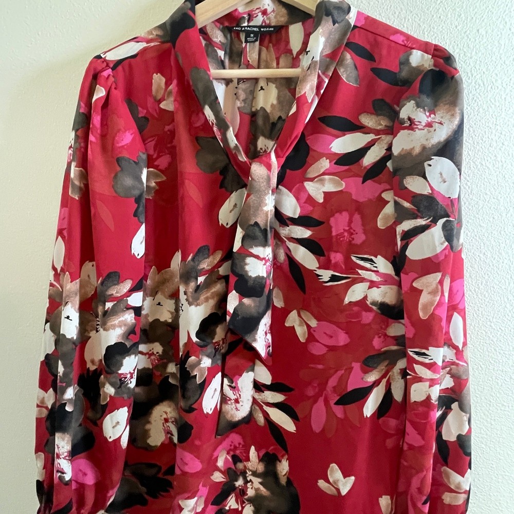 Zac & Rachel Woman Red Floral Tie Neck Long Sleeve Blouse Plus Size 1X