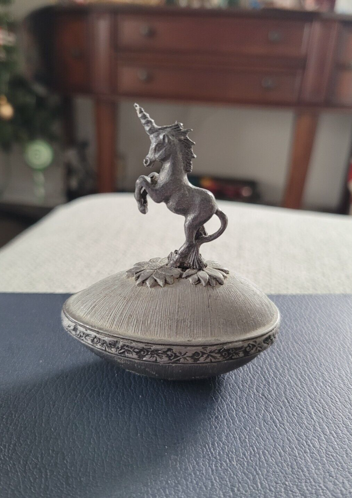 Vintage Metal Unicorn Figure Egg Shape Trinket Box 1980 Yorkshire Keepsake Jar