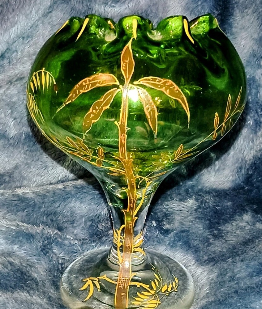 Green Art Glass Vintage Vase Hand Painted Gold Floral Flower Ruffled Crimped Rim