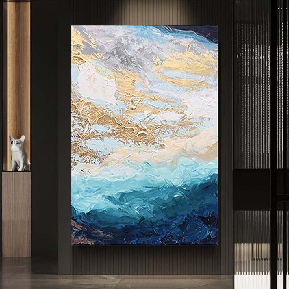 Abstract Blue Gold Foil Handmade Canvas Oil Painting Hanging Poster Wall Decor