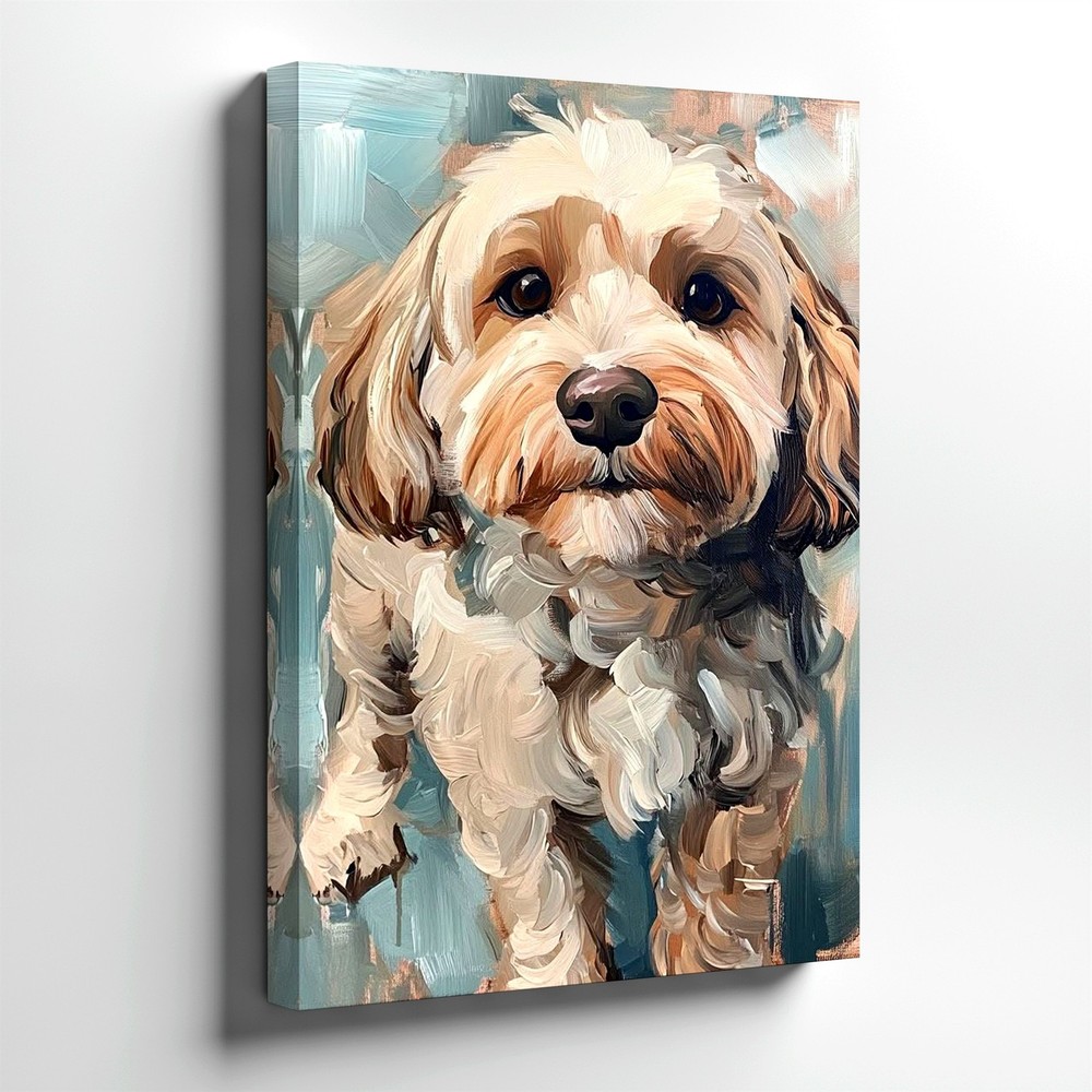 Wall Art Cute Fluffy Dog Portrait Canvas Print Pet Painting Blue Background
