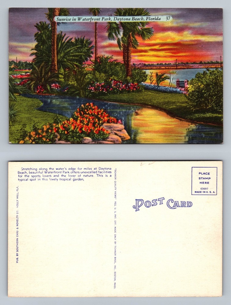 Daytona Beach, FL-Florida, Sunrise Waterfront Park View Vintage Postcard