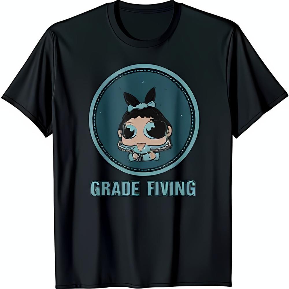 Playful Cartoon Girl Graphic T-Shirt Fun GRADE FIVING Design on Black Tee