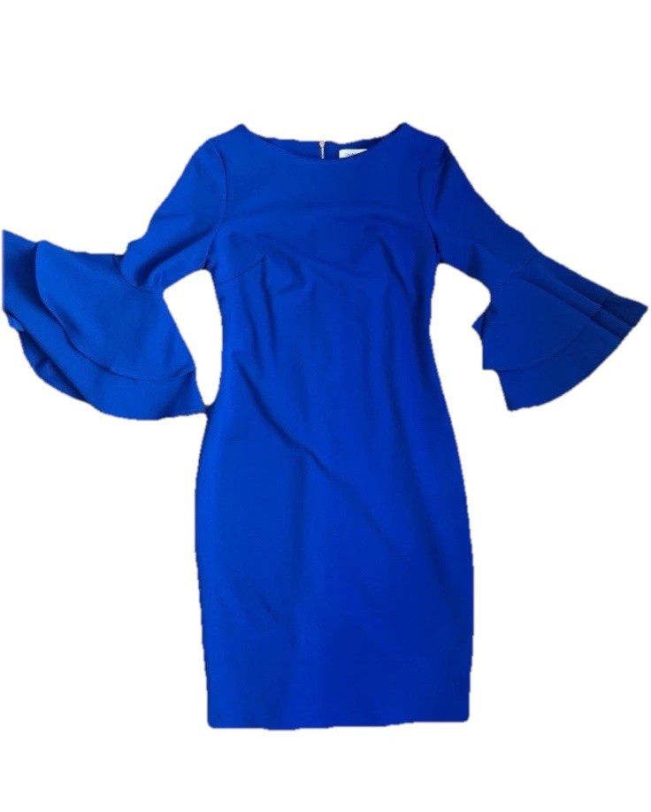 Calvin Klein Blue Ruffle Sleeve Midi Royal Blue Dress 3/4 Sleeves Size Women’s 6