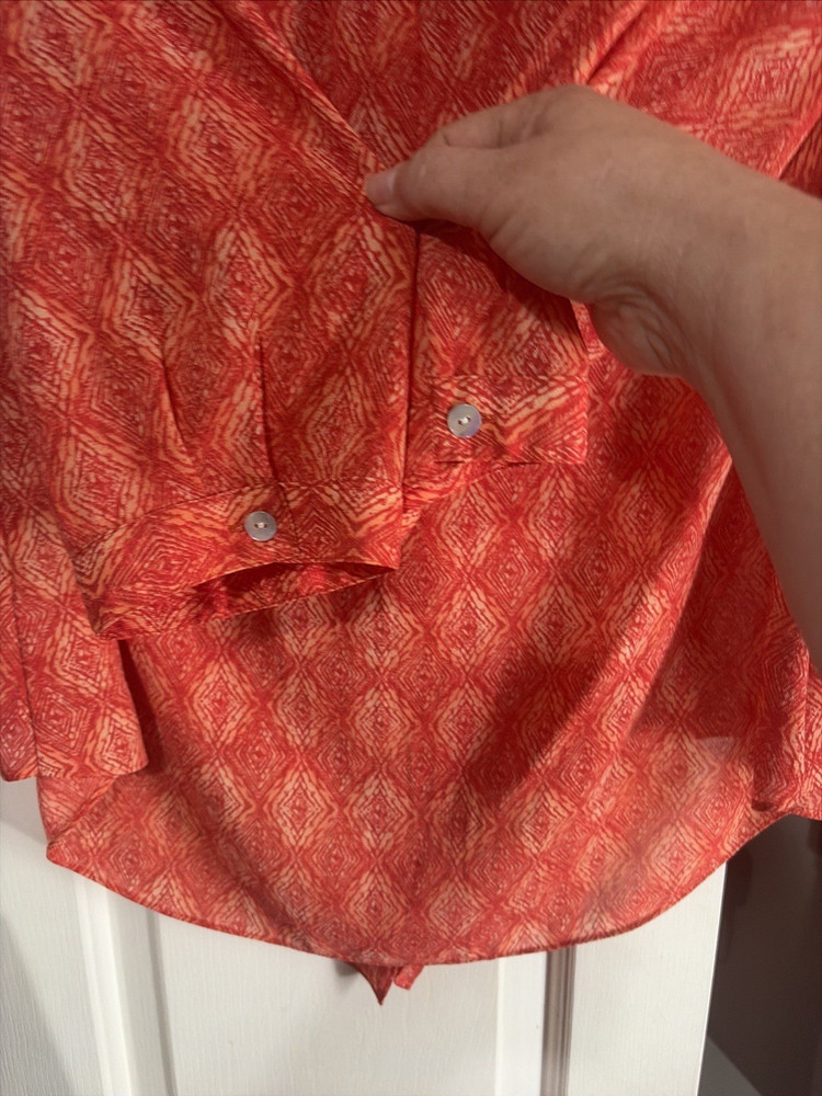 Chico's Red Sheer Geometric Sequin Button V-Neck 3/4 Sleeve Blouse Size 2