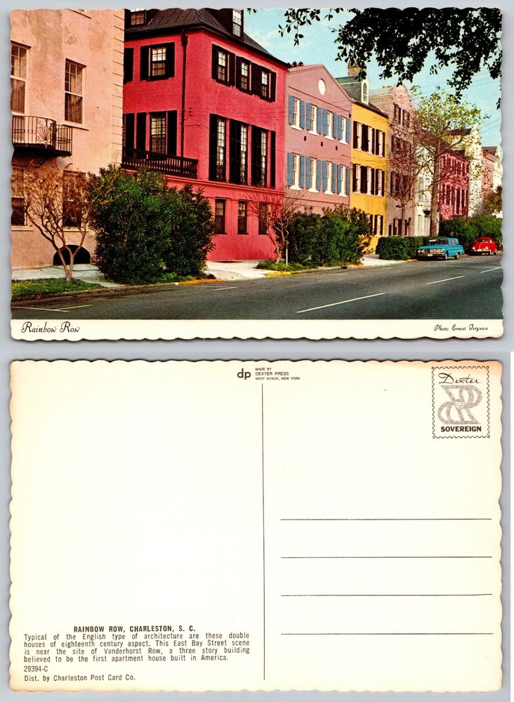 Vintage Rainbow Row Charleston SC Postcard Dexter Press Colorful Historic Homes