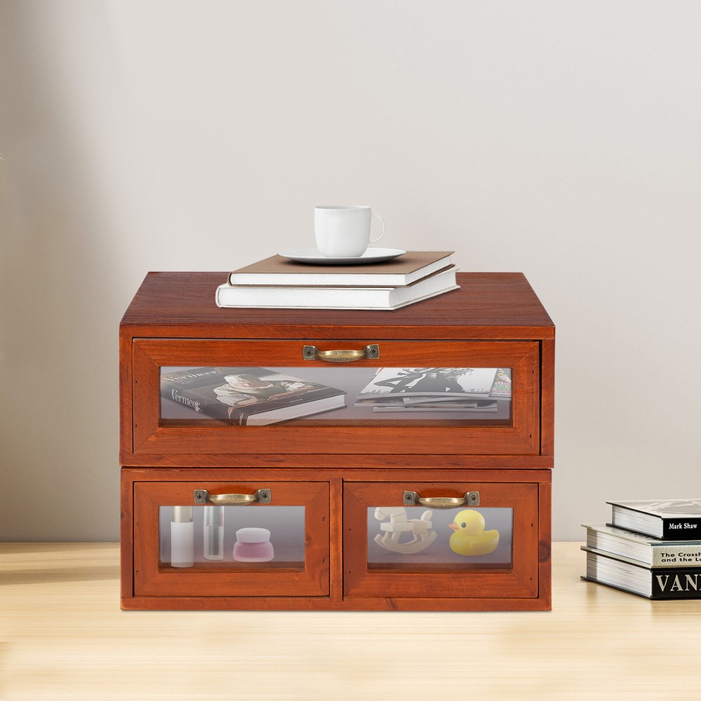 Vintage Desk Organizer Tabletop Storage Organization Box w/ 3 Drawers for Office