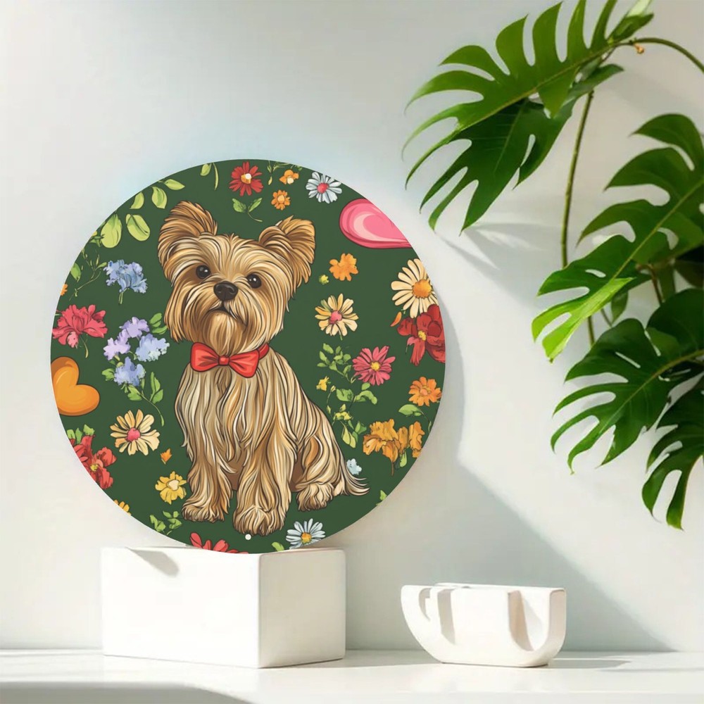 Yorkshire Terrier Red Heart Metal Wall Art Floral Design Round Aluminum Sign