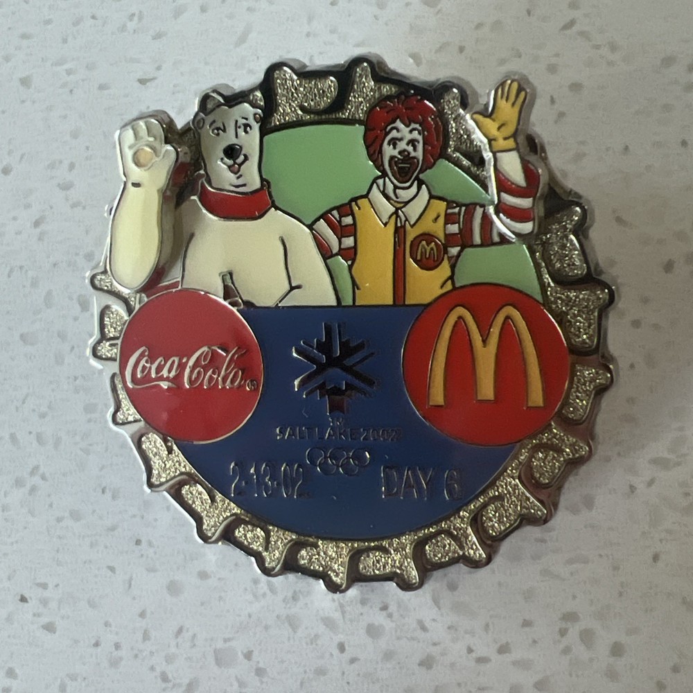 Salt Lake City Olympics Coca-Cola Bottle Cap Ronald McDonald Polar Bear Pin