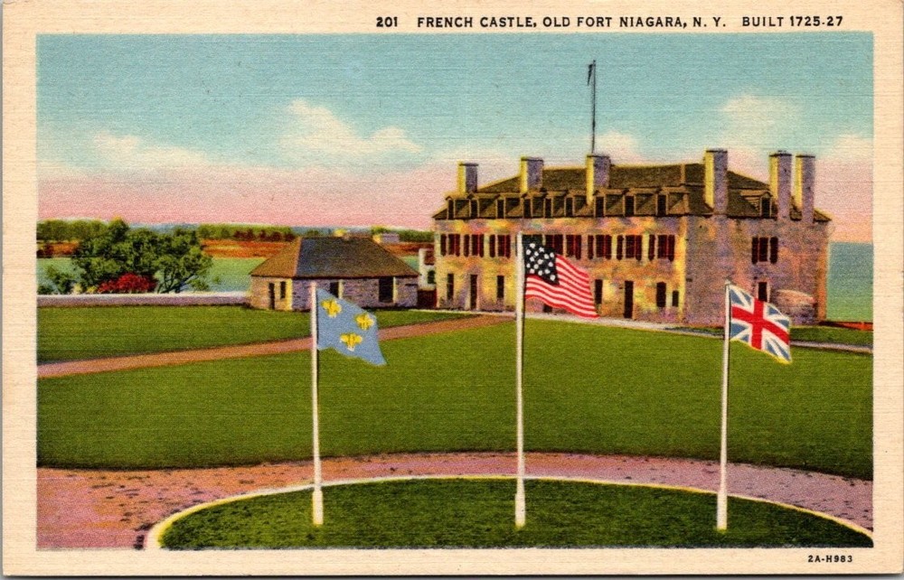 French Castle Old Fort Niagara NY Vintage Linen Postcard 1930s Flags History