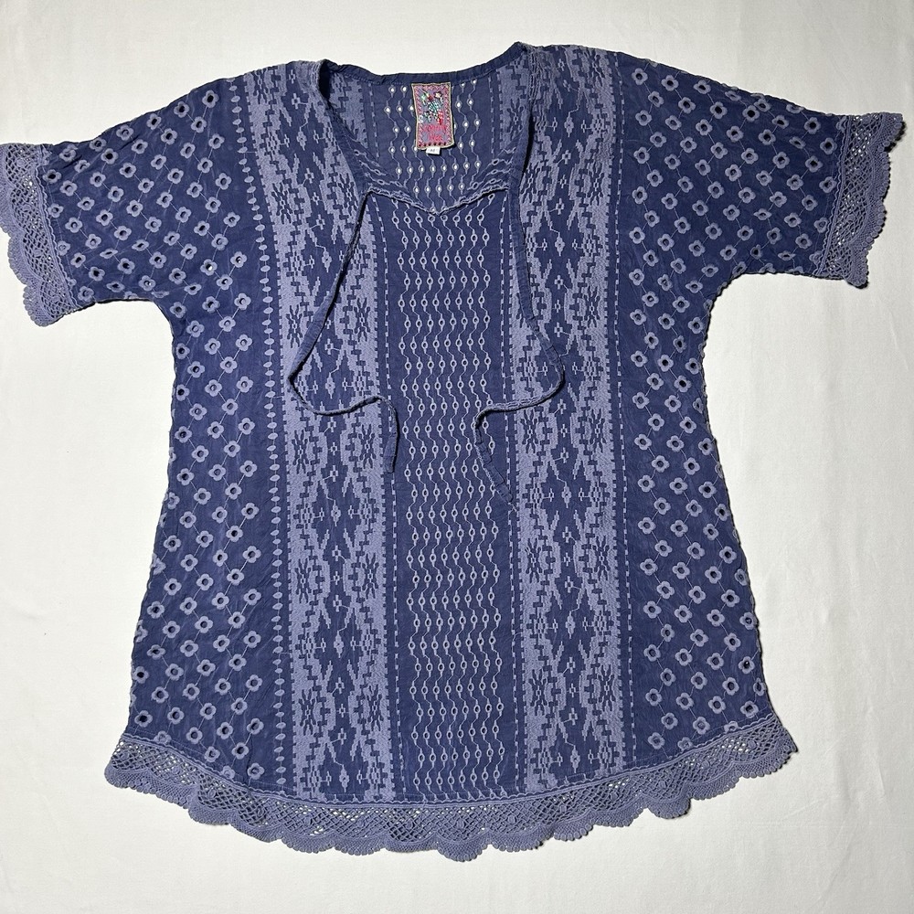 Johnny Was Floral Tunic M Cupra Rayon Embroidered Boho Top Eyelet Lace Trim