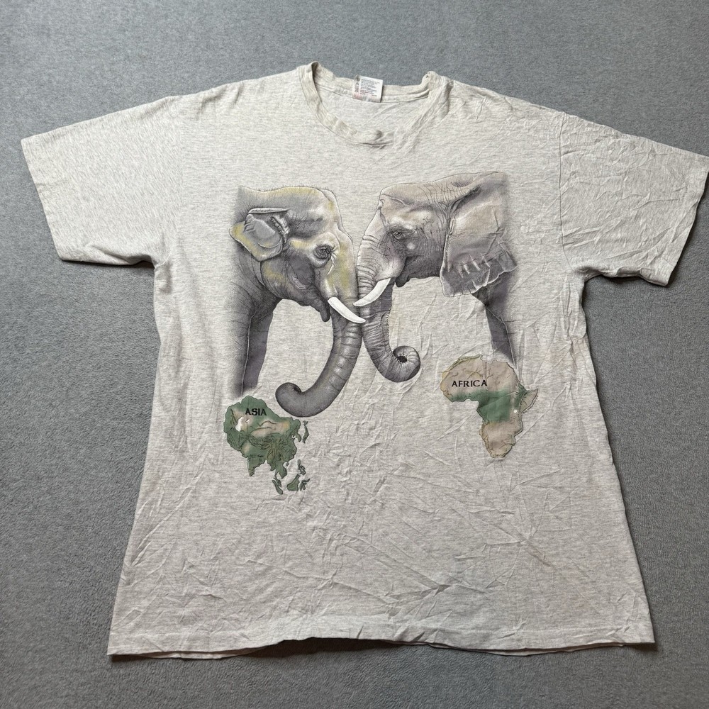 Vintage Hanes T Shirt Mens Large White Elephant Nature Animal Graphic Print 90s
