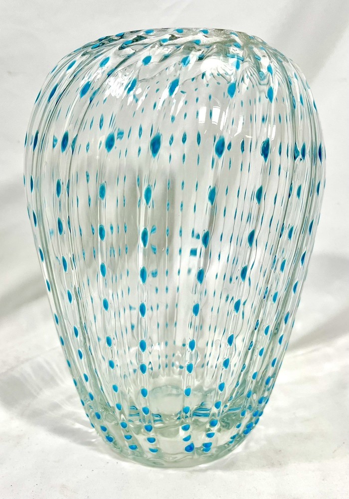 Vtg MCM Murano Glass Cactus Vase Vittorio Zecchin Venini Aqua Soffiato Optic 9”