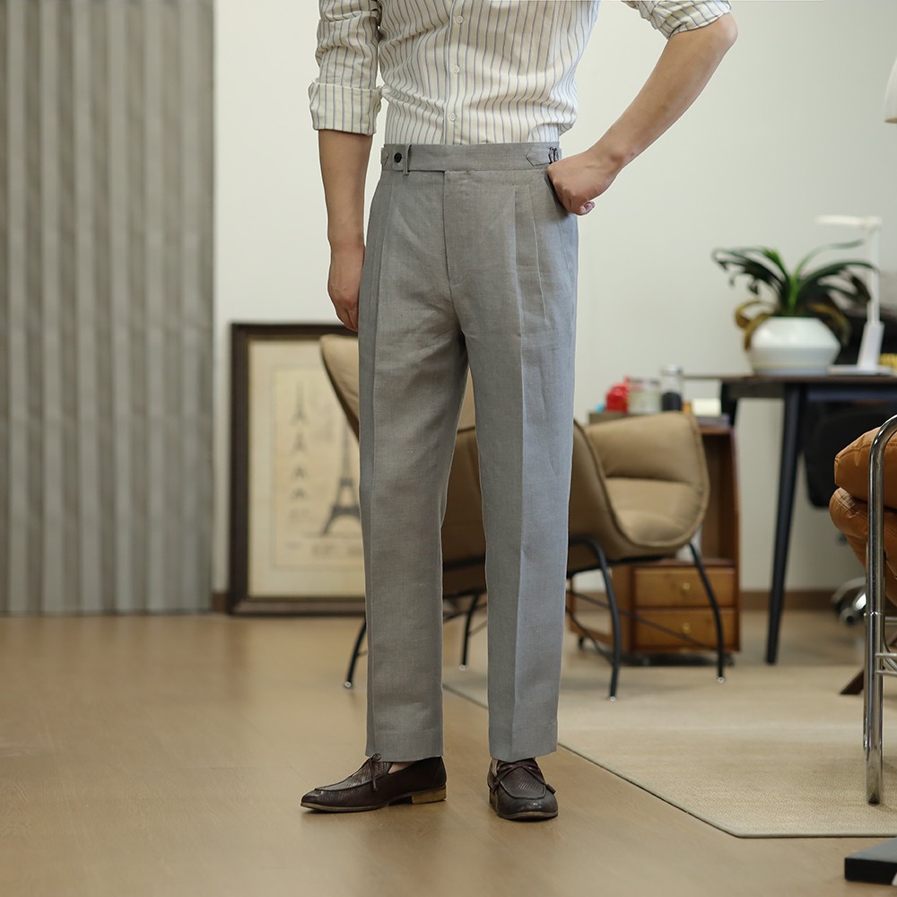 Men’s Linen Gurkha Pants with Adjustable Waist Loose Fit Grey Trousers
