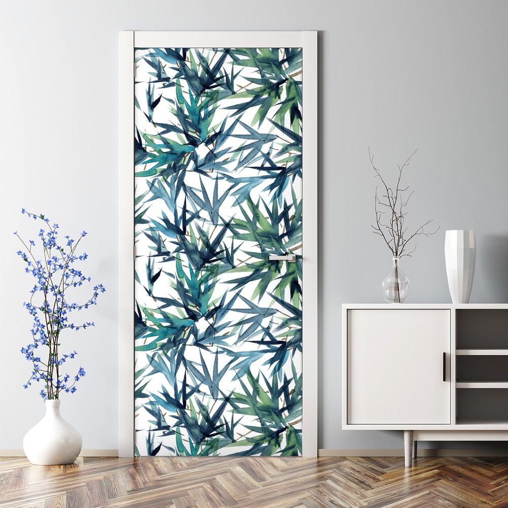 Door sticker decal Palms Slender turquoise green blue leaves Pattern Watercolour