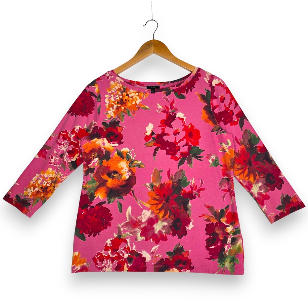 TALBOTS  3/4 Sleeve Top Pink Floral Tee Shirt Top Small Cotton Spandex Stretch
