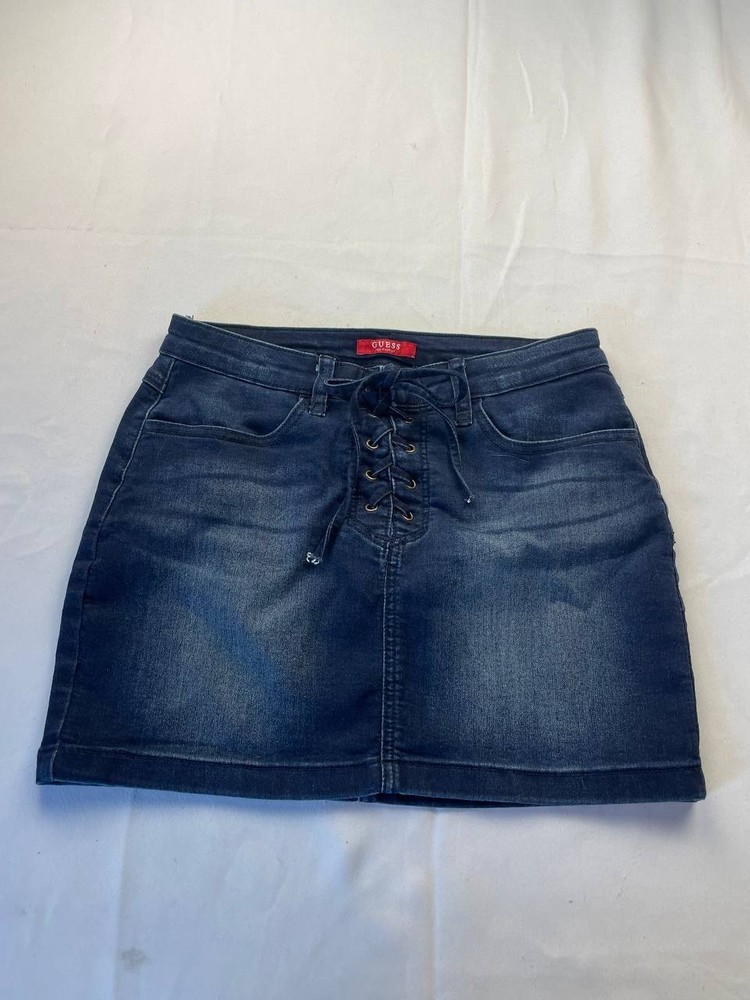 Guess Mini Skirt Womens Medium Blue Dark Wash Denim Lace Up Casual Pockets