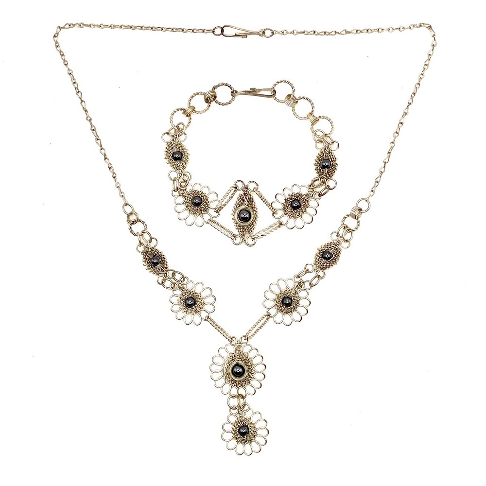 Vtg Antique Estate SilverTone Necklace Bracelet Set Hematite Filigree Unique S