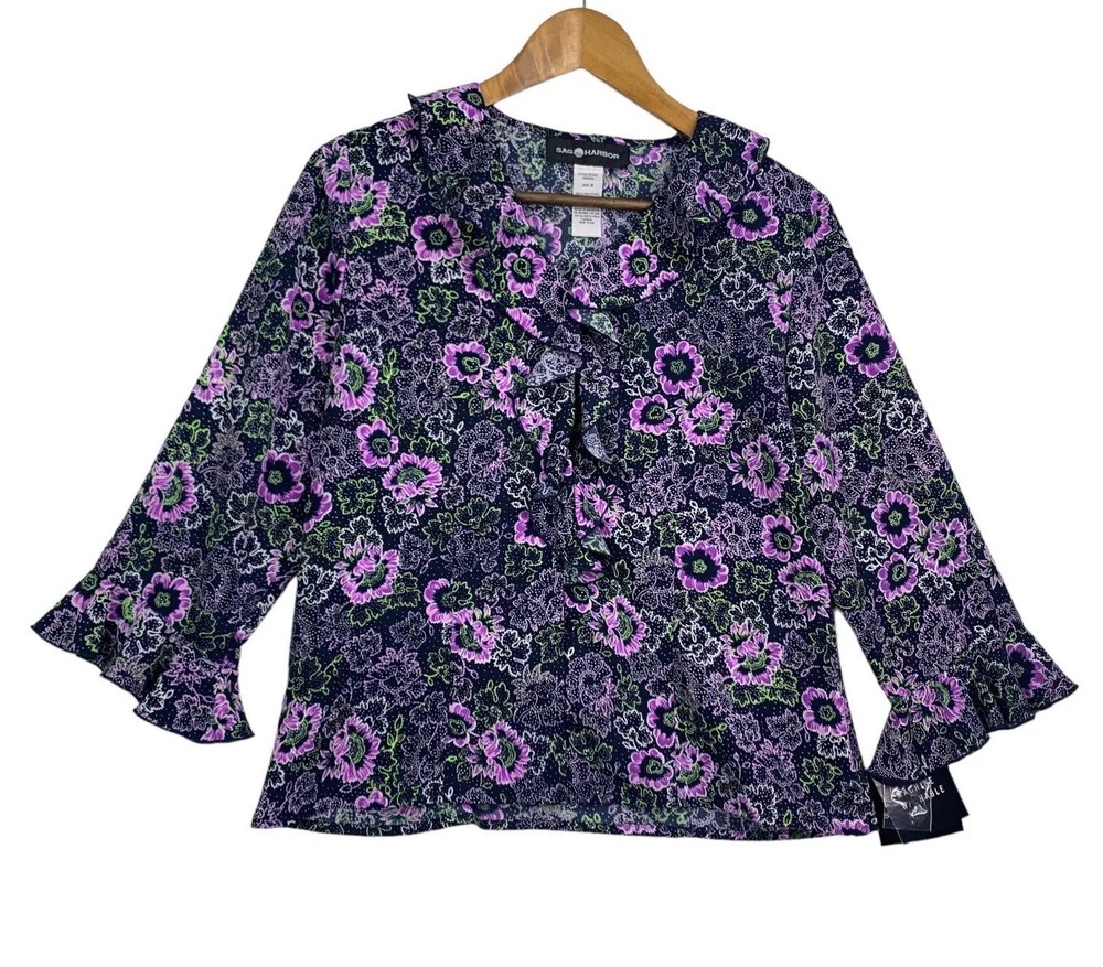 Sag Harbor Womens Floral Print Ruffle Neck Blouse Size 8 with Bell Sleeves