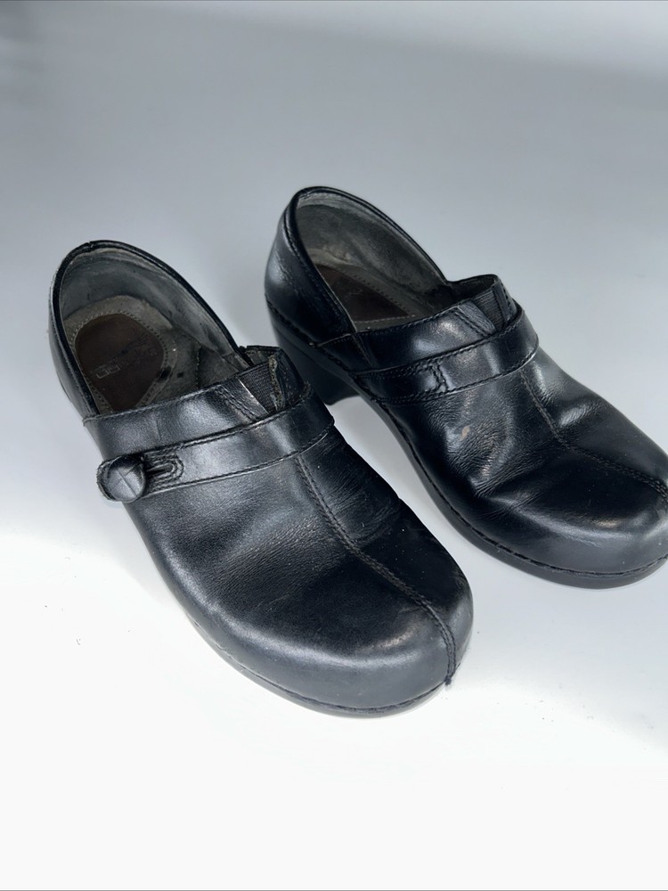 Dansko Shoes Women’s Sz 38 Solstice Clogs Black Leather Slip On Wedge