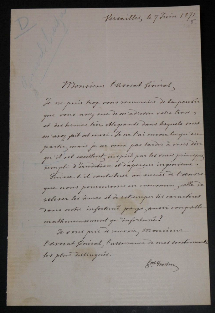 Louis Jules Trochu, Statesman - Signed Autograph Letter 1871 Versailles