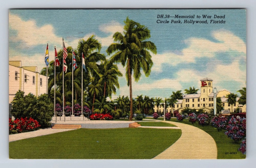 Hollywood FL-Florida Memorial To War Dead Circle Park Vintage Postcard
