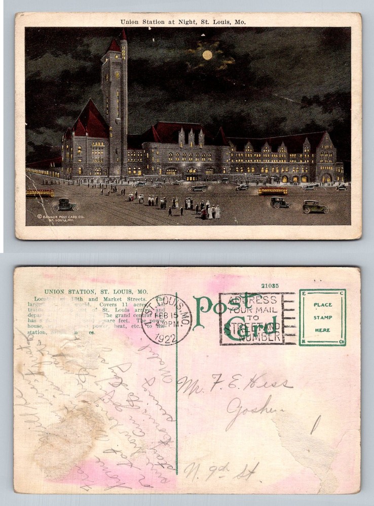 St. Louis, MO-Missouri, Union Station Night Scene Vintage c1922 Postcard