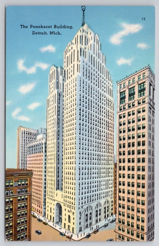 Penobscot Building Detroit Michigan Linen Postcard Tichnor Bros.