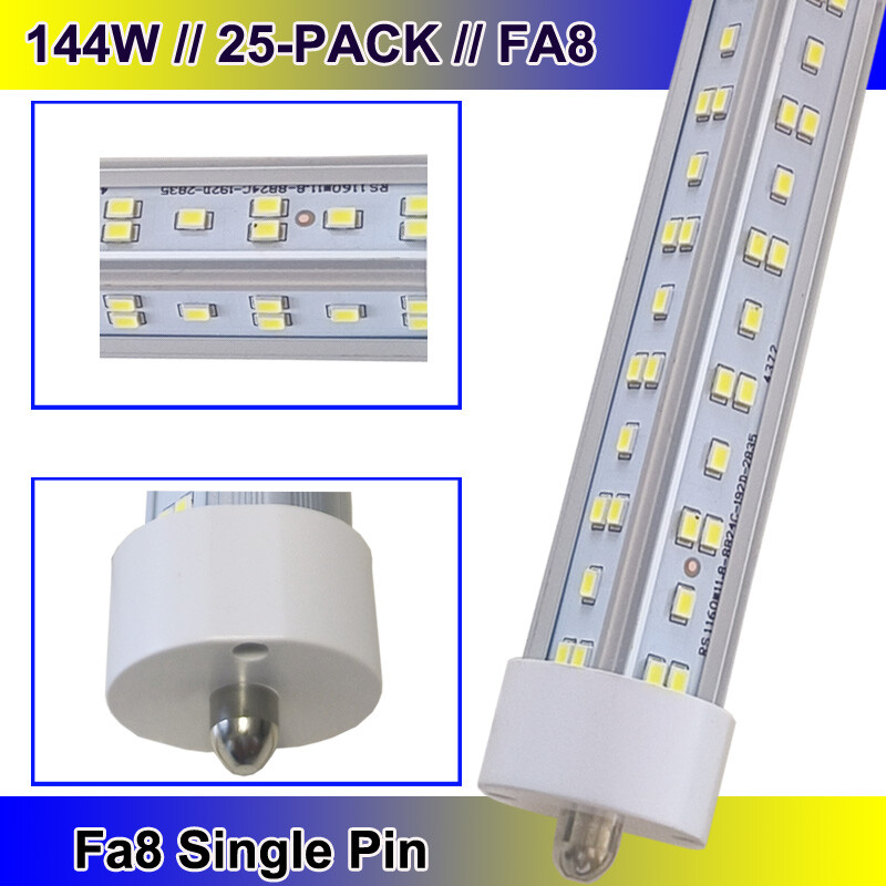 8FT T8 LED Tube Light Bulbs 144W Single Pin Shop Lights 25 Pack
