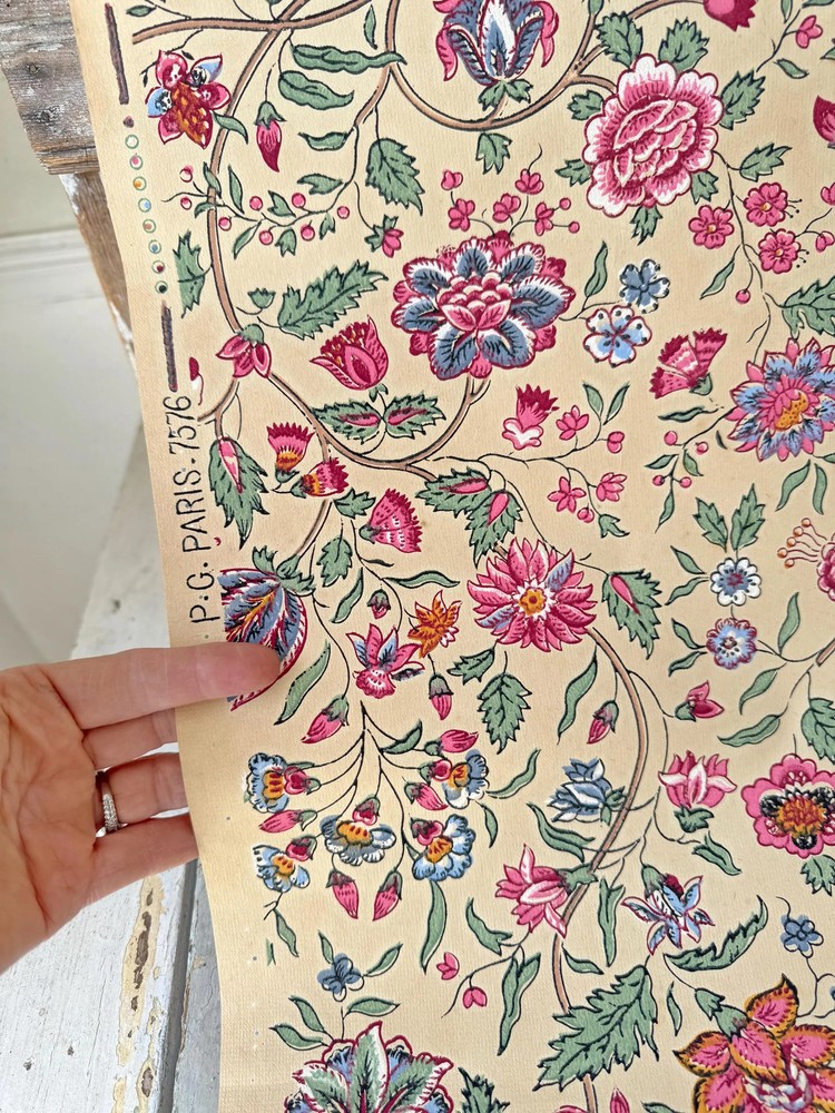 2.25yds French 1910s P.G. Paris floral wallpaper antique roll block printed art