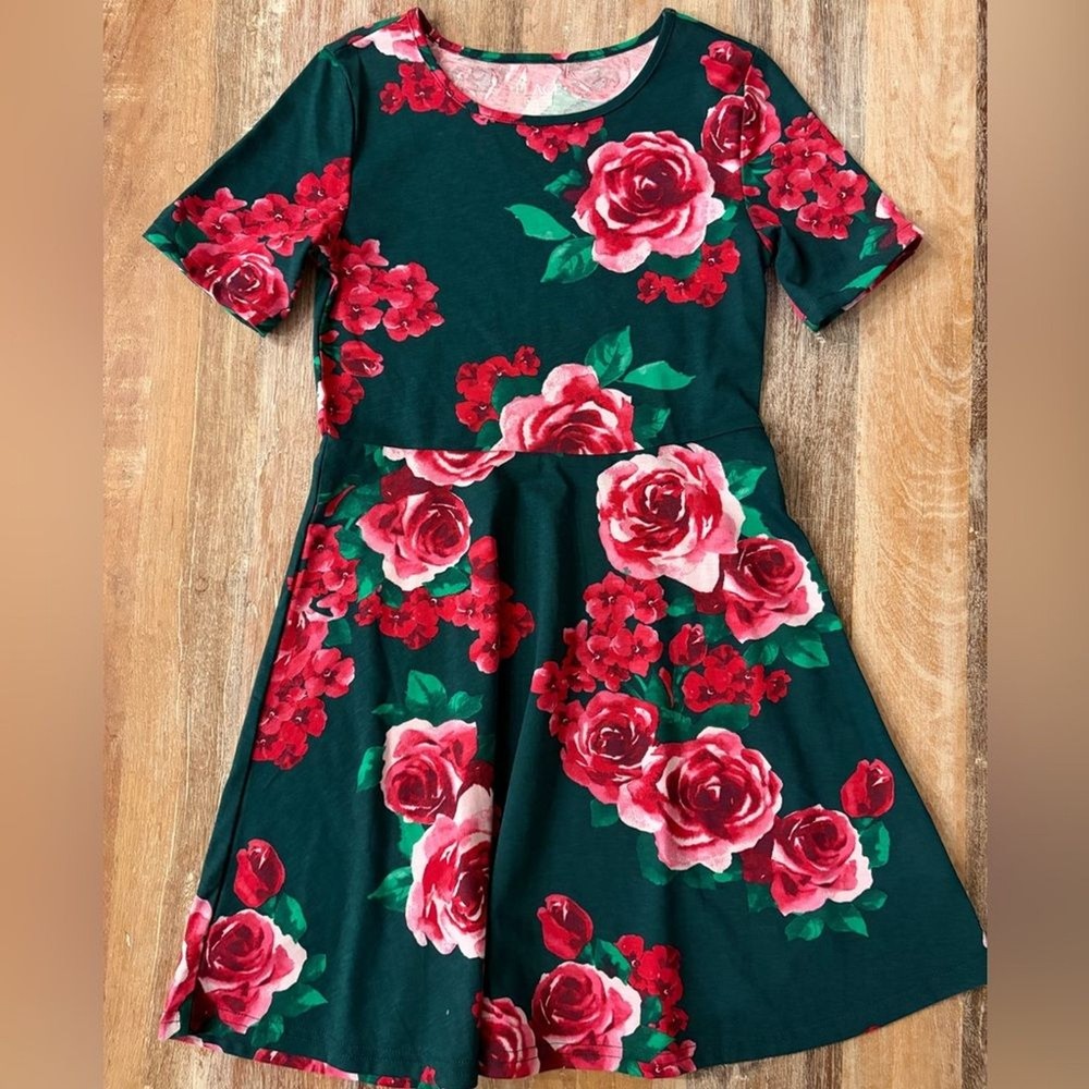 The Children's Place Green and Red Floral Skater Style Dress, Size M 7/8