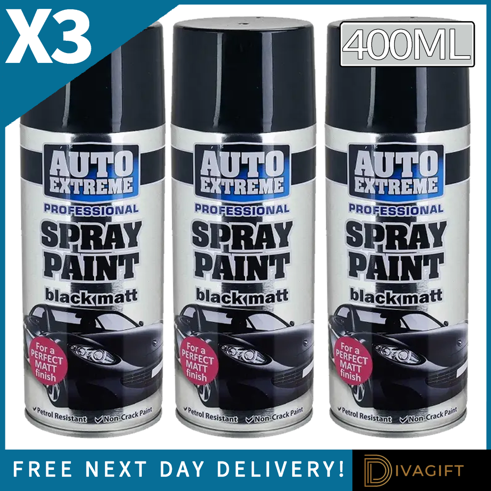 3 x BLACK MATT SPRAY PAINT 400ML AEROSOL CAN AUTO EXTREME FOR CAR METAL WOOD NEW