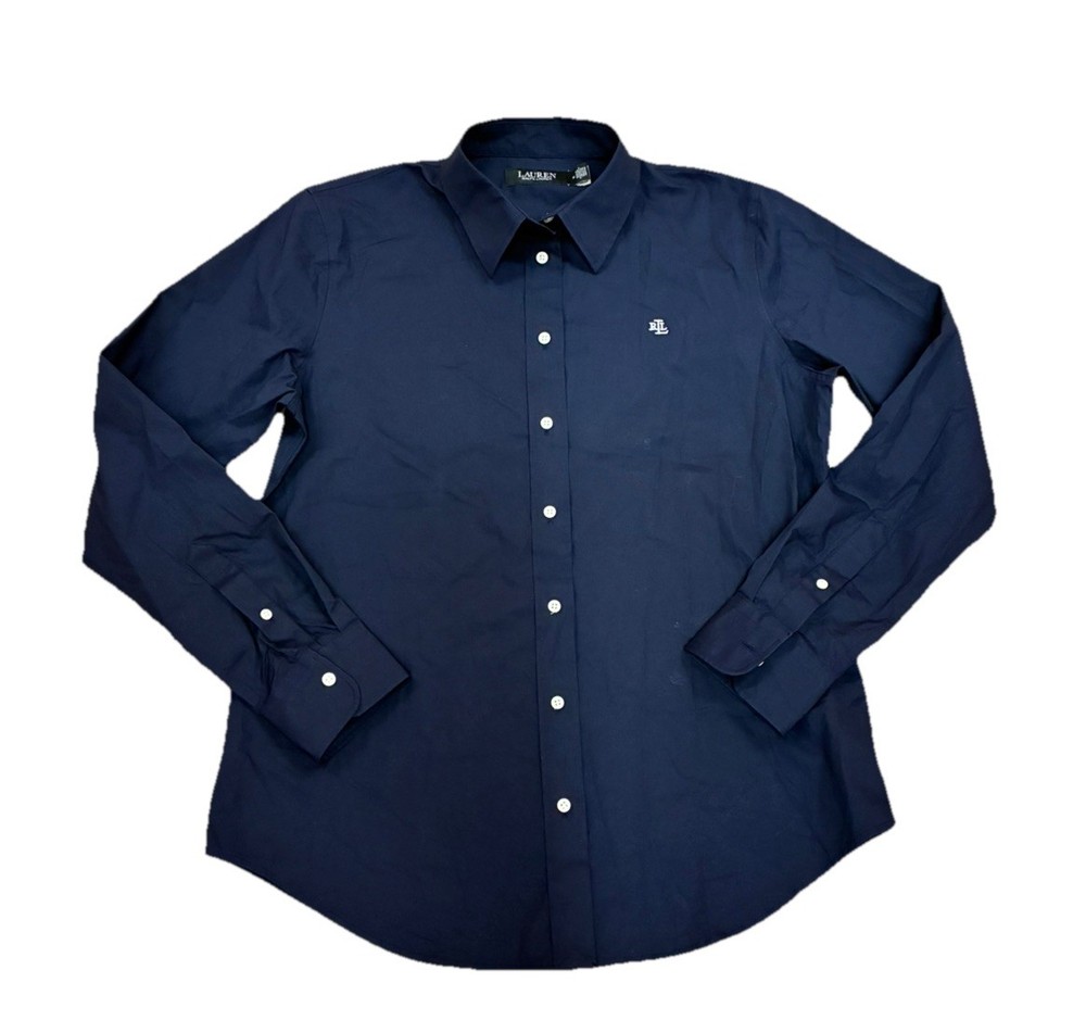 Ralph Lauren Top Women Medium Navy Blue Purepress Button Front Logo Shirt Work