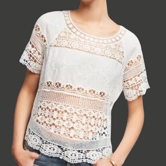 Anthropologie Deletta Marilyn Crochet Top Womens XS White Granola Girl Boho