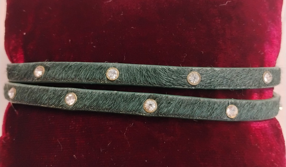 c + i Green Textured Leather Studded Rhinestone Edgy Rocker Wrap Bracelet
