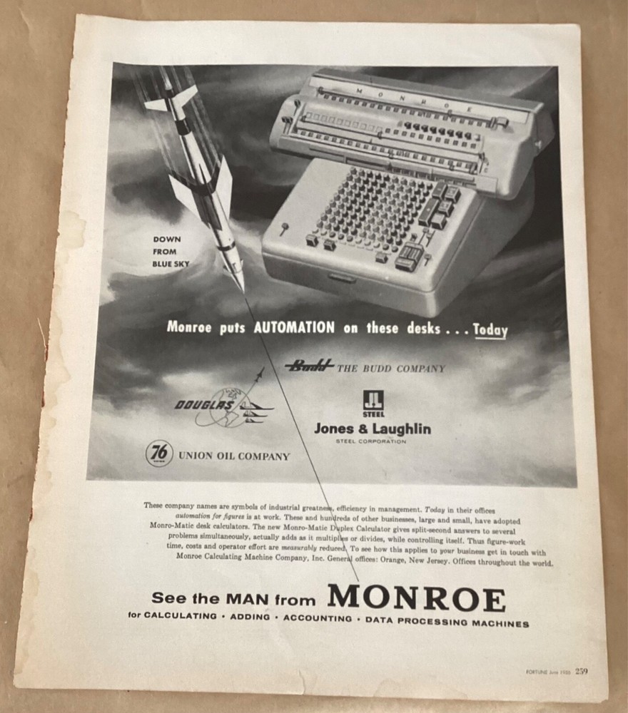 Monroe Co print ad 1956 vintage 1950s art illustration  Monro-Matic calulator