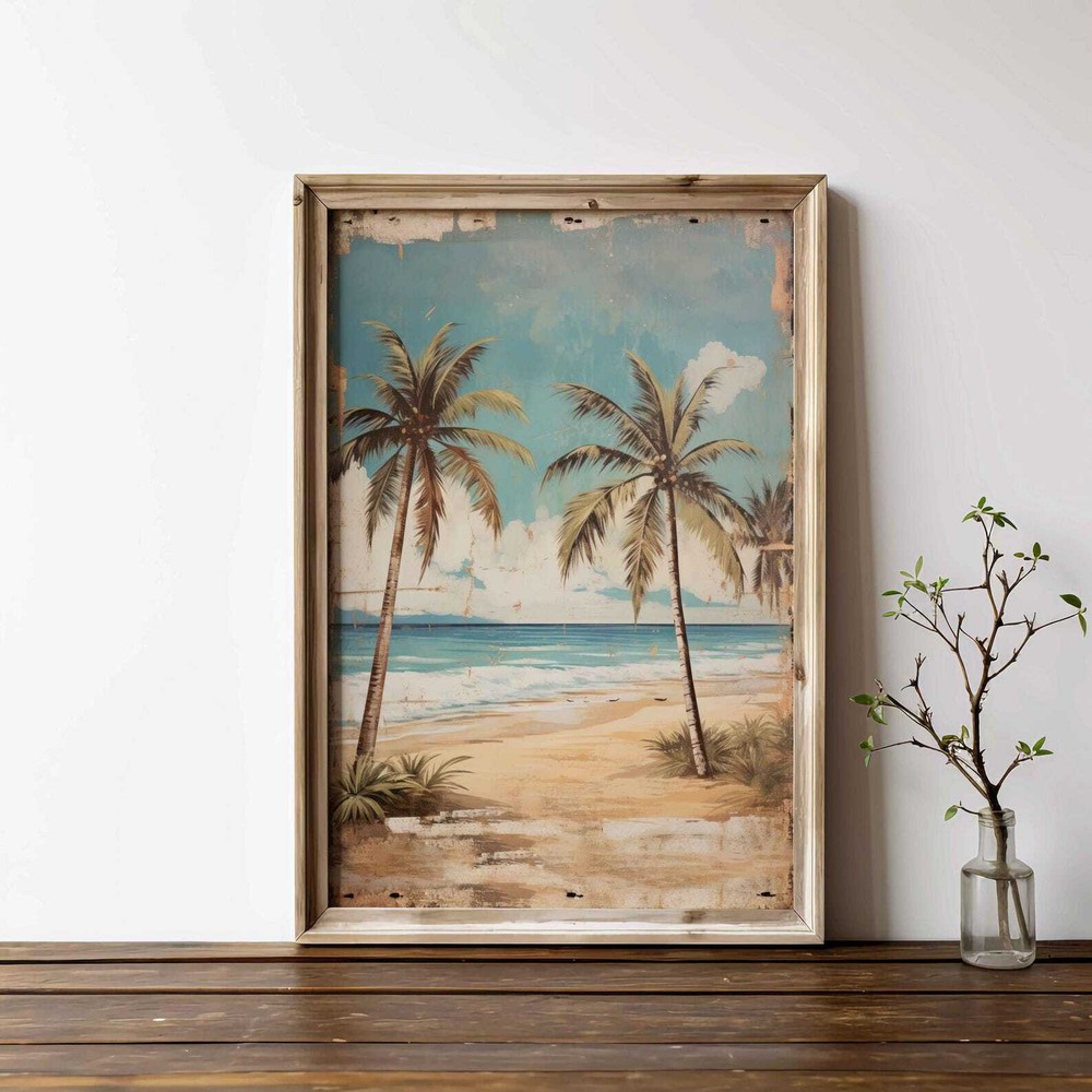 Tropical Beach Painting Beach Wall Art Vintage Beach Print Palm Tree Art Print