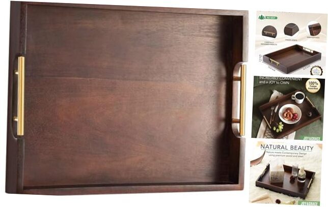 Stylish Acacia Wood Serving Tray with Metal Handles Dark Brown 16.8 x 12.8 Inches-image