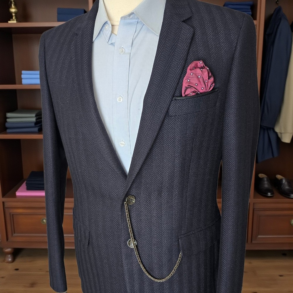 Lords & Fools Blazer 40r 52 Eu Navy Chunky Herringbone Working Cuff